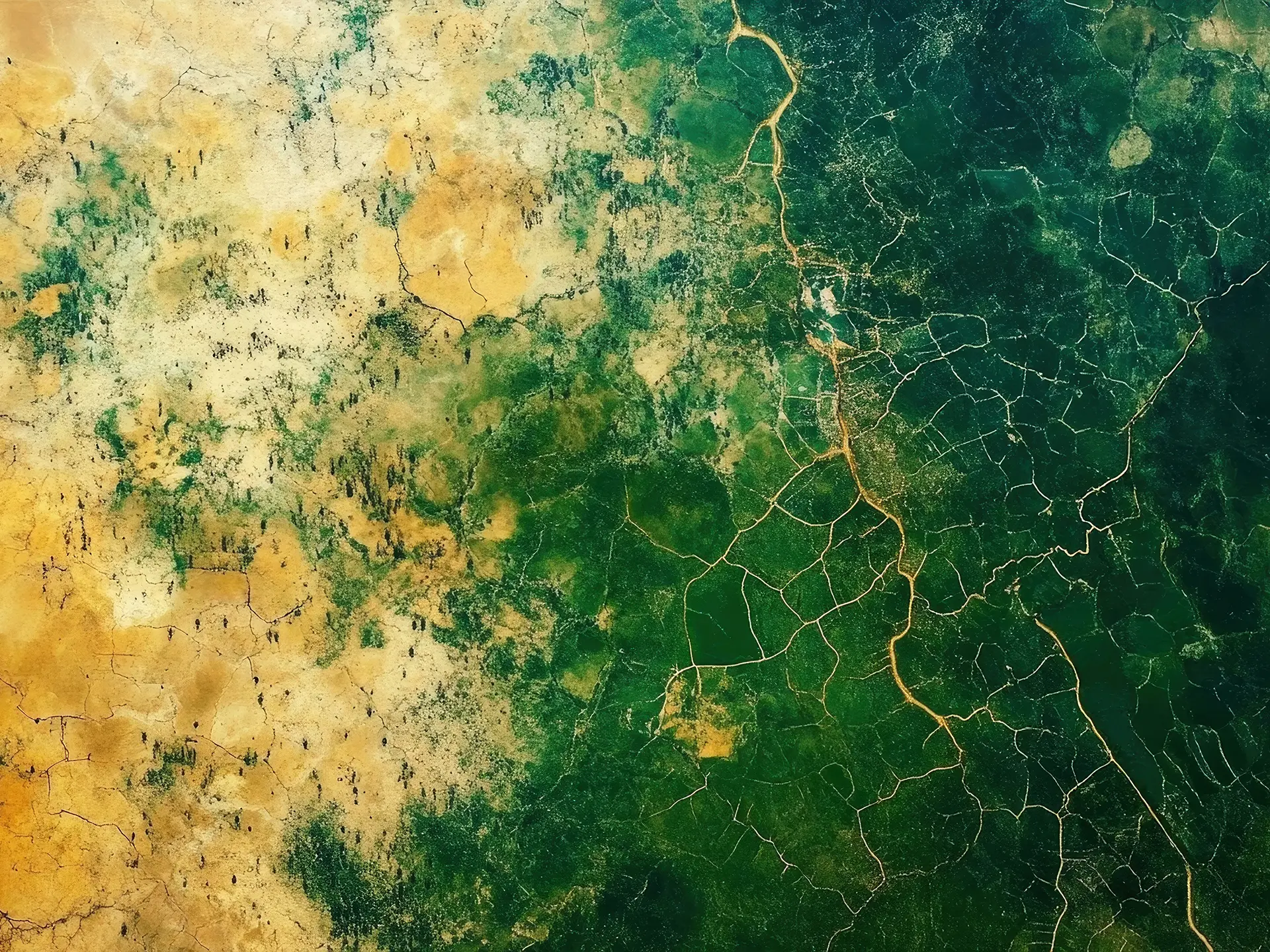 Aerial view showing a stark boundary between dry, barren land and dense green forest, with branching dirt roads cutting through the vegetation.